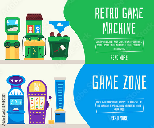 Retro arcade game machine banner set with vintage gaming consoles.