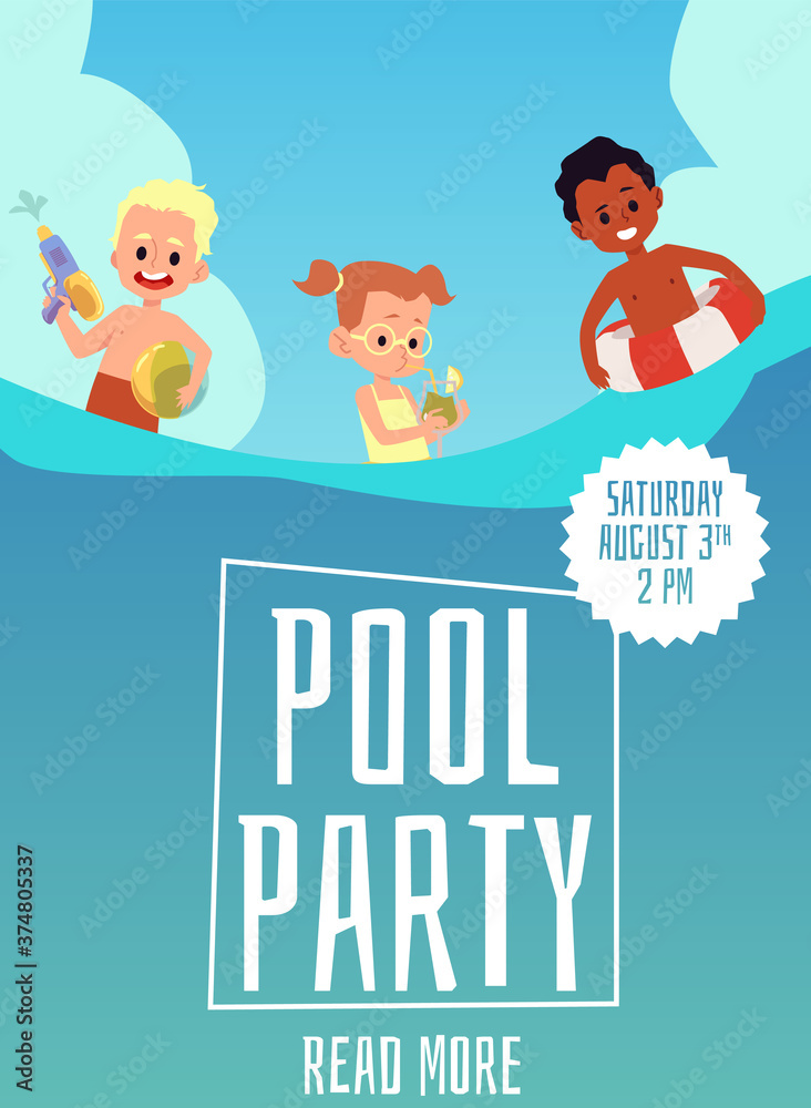 Obraz premium Pool party poster template with cartoon kids swimming
