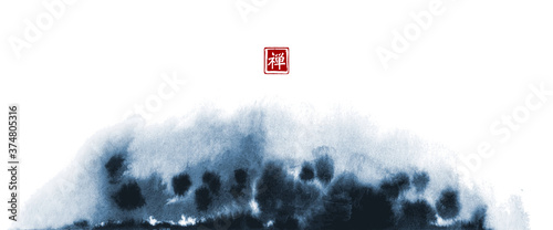 Abstract blue ink wash painting in East Asian style. Grunge texture. Traditional Japanese ink painting sumi-e. Translation of hieroglyph - zen