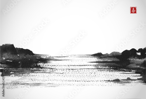 Landscape with lake view in asian style hand drawn with sumi ink. Traditional oriental ink painting sumi-e, u-sin, go-hua. Translation of hieroglyph - zen