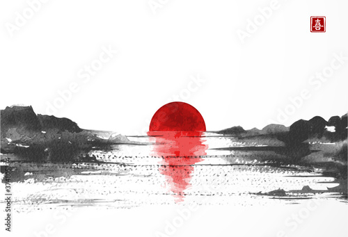 Landscape with lake view with big red sun in asian style hand drawn with sumi ink. Traditional oriental ink painting sumi-e, u-sin, go-hua. Translation of hieroglyph - zen