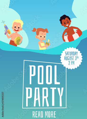Pool party poster template with cartoon kids swimming