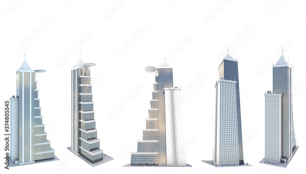 5 different sides view renders of fictional design buildings with helipad with blue cloudy sky reflections - isolated on white, 3d illustration of skyscrapers