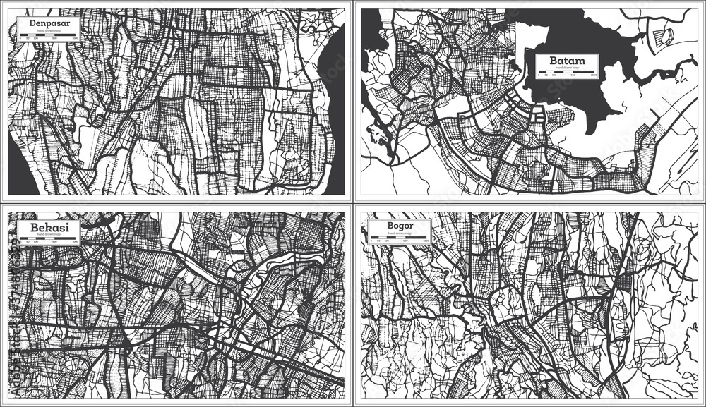 Batam, Bogor, Denpasar and Bekasi Indonesia City Maps in Black and White Color.