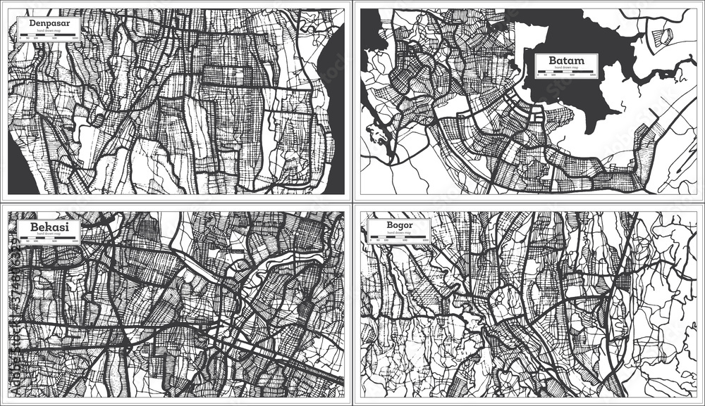 Obraz premium Batam, Bogor, Denpasar and Bekasi Indonesia City Maps in Black and White Color.