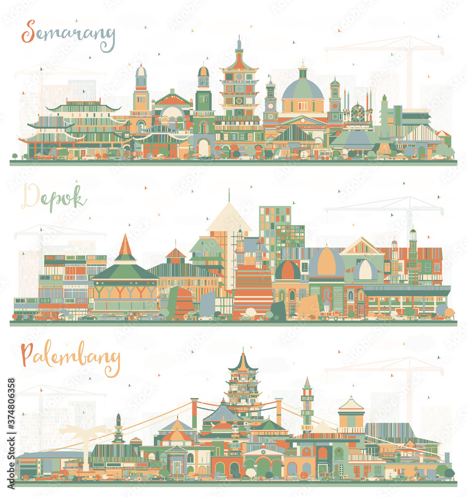 Semarang, Palembang and Depok Indonesia City Skylines with Color Buildings.