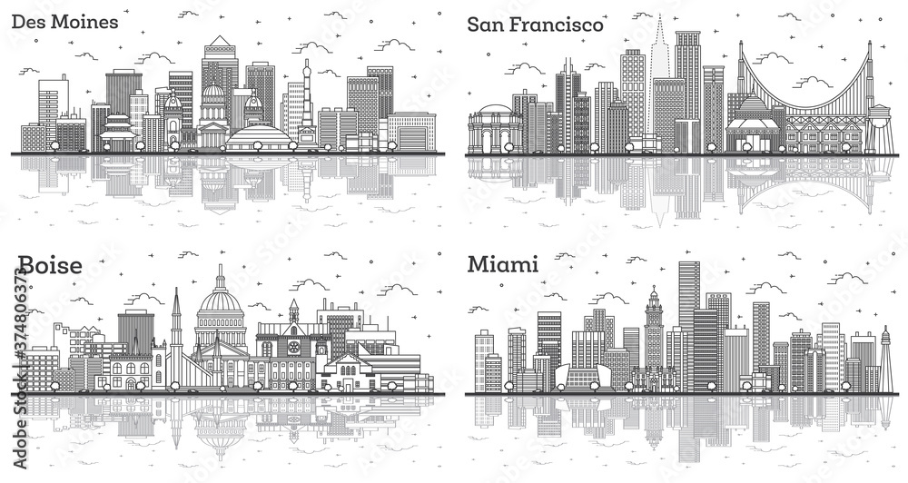 Outline San Francisco California, Miami Florida, Des Moines Iowa and Boise Idaho City Skylines with Modern Buildings and Reflections Isolated on White.
