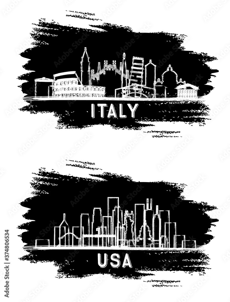 USA and Italy City Skylines Silhouette. Hand Drawn Sketch.