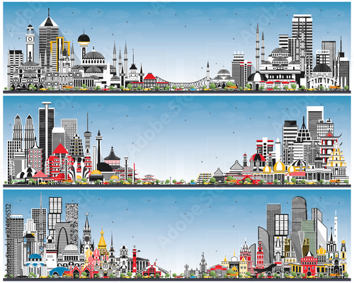 Russia, Indonesia and Turkey Skylines with Gray Buildings and Blue Sky.