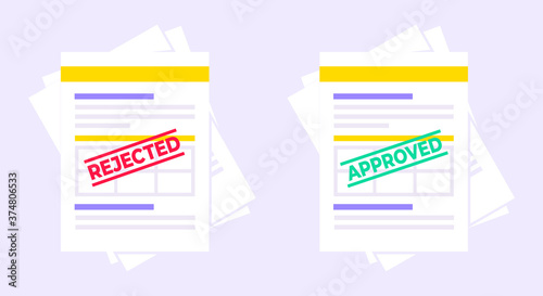 Rejected and approved claim or credit loan form, paper sheets and stamps flat style design vector illustration. Verify or deny document, cv resume, insurance application form set.