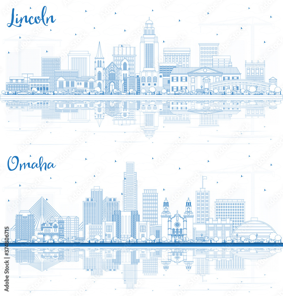 Outline Omaha and Lincoln Nebraska City Skylines with Blue Buildings and Reflections.