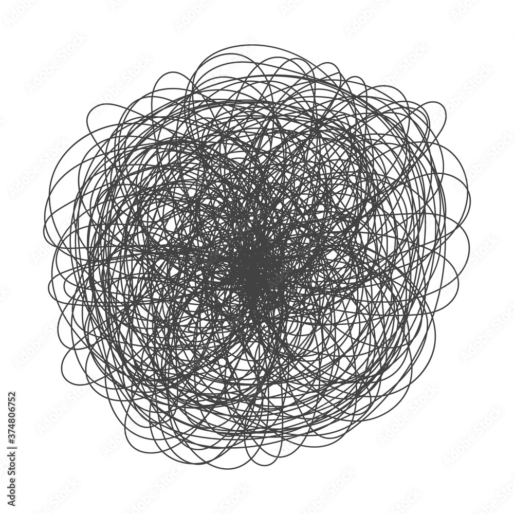 Tangled chaos abstract hand drawn messy scribble ball vector illustration. Random chaotic dynamic scrawl lines. Wild emotion irregular pattern isolated on white background. Tangled chaos abstract hand drawn messy scribble ball vector illustration. Random chaotic dynamic scrawl lines. Wild emotion irregular pattern isolated on white background.
