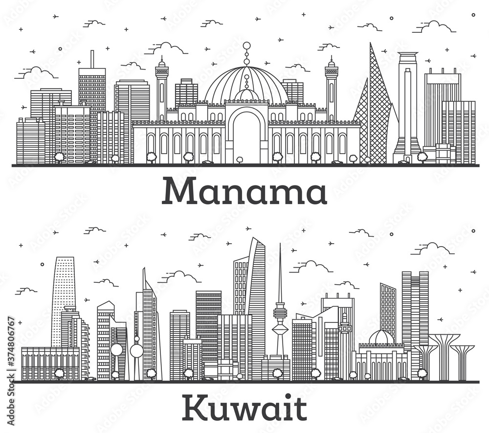 Outline Kuwait and Мanama Вahrain City Skylines with Modern Buildings Isolated on White.