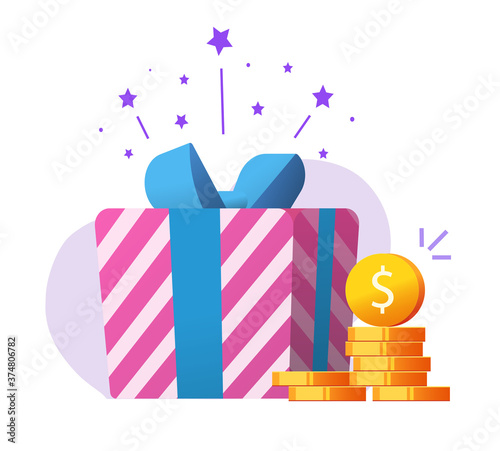 Money gift as charity donation, bonus reward prize, jackpot lucky win present vector, idea of cashback or cash coins, concept of discount certificate surprise, giveaway promotion sale marketing