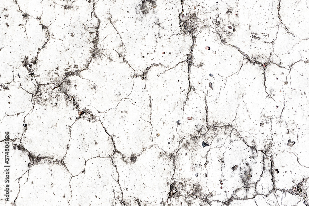 White paint asphalt cracks texture. Scratched lines background. White and black distressed grunge concrete wall pattern for graphic design.