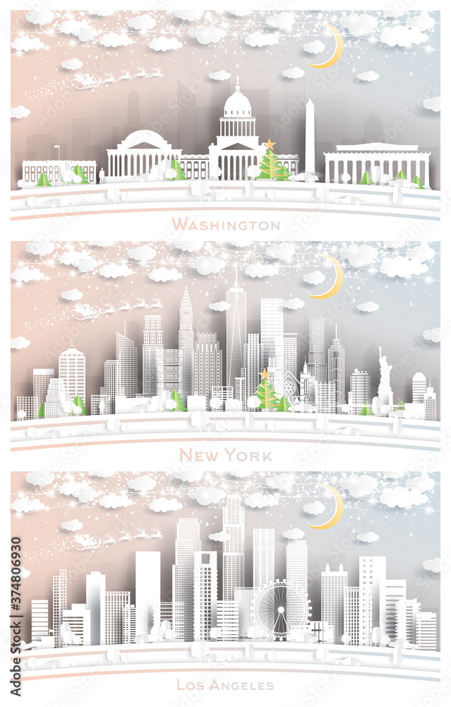 Los Angeles, Washington DC and New York USA City Skylines in Paper Cut Style with Snowflakes, Moon and Neon Garland.