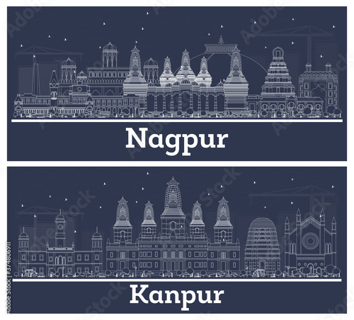 Outline Kanpur and Nagpur India City Skylines with White Buildings. photo