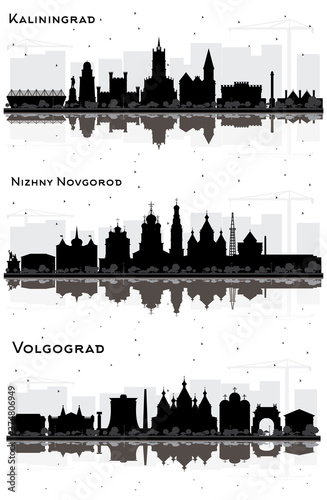Foto Volgograd, Kaliningrad and Nizhny Novgorod Russia City Skyline Silhouettes with Black Buildings and Reflections Isolated on White Background