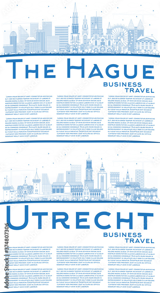 Outline The Hague and Utrecht Netherlands City Skylines with Blue Buildings and Copy Space.