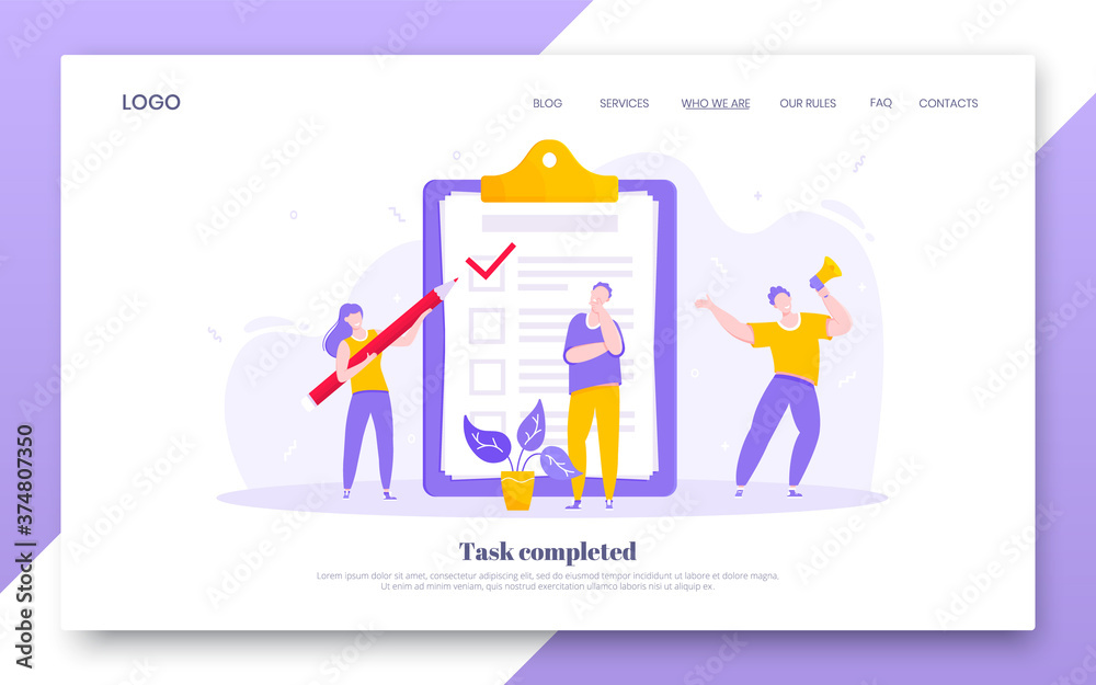 Online survey form business concept with tiny people with megaphone, pencil nearby giant clipboard complete checklist and check mark ticks flat style design vector illustration landing page template.