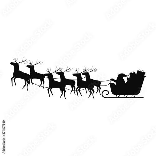 Santa Claus with deers sleigh outline black object isolated on white background. Greeting with Christmas  celebration art. 