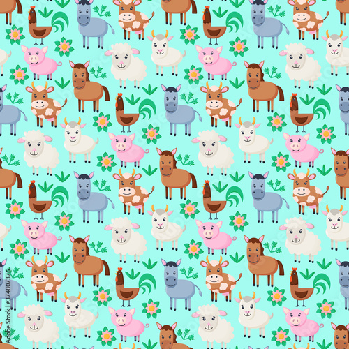 Farm animals seamless pattern. Collection of cartoon cute baby animals. Cow, sheep, goat, horse, donkey, pig, cock. 