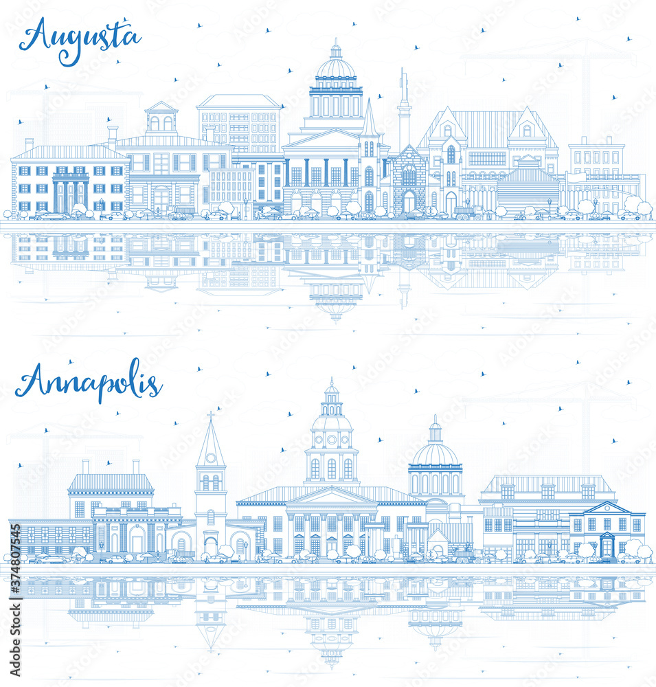 Outline Annapolis Maryland and Augusta Maine City Skylines with Blue Buildings and Reflections.