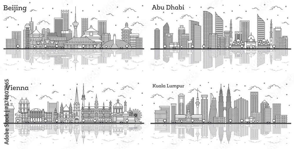 Outline Kuala Lumpur Malaysia, Abu Dhabi UAE, Beijing China and Vienna Austria City Skylines with Modern Buildings and Reflections Isolated on White.