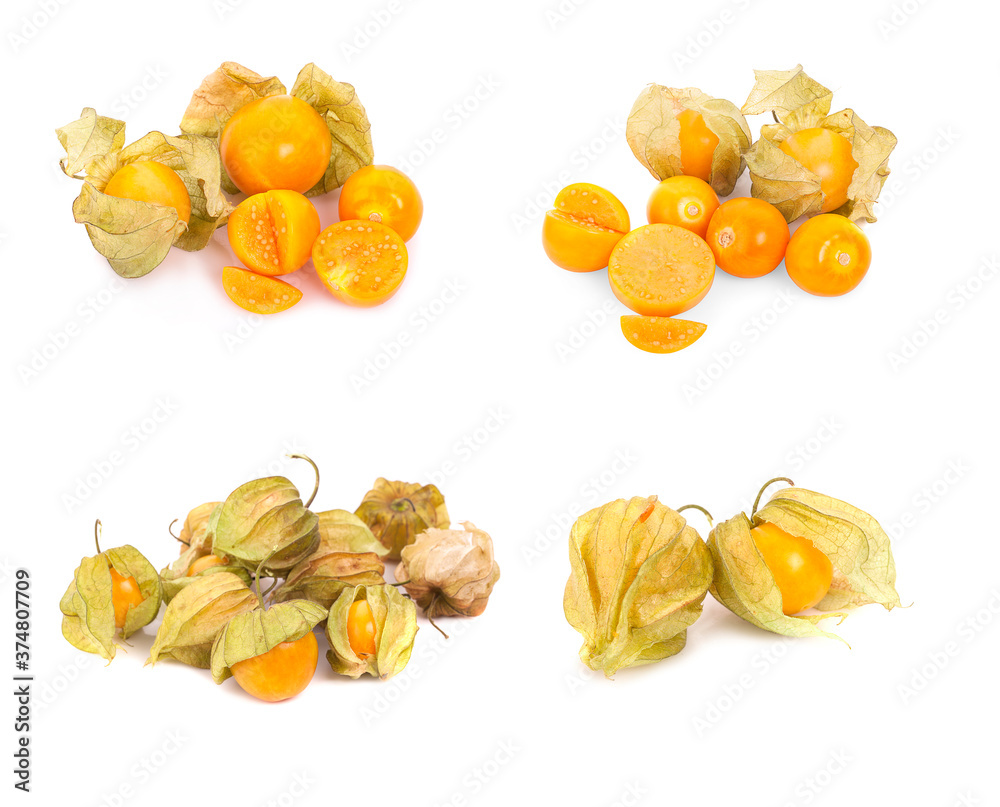 physalis fruit (Physalis peruviana) and some cut ones on a white background physalis fruit (Physalis peruviana) and some cut ones on a white background