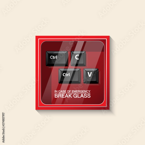 VECTOR EPS10 - red emergency box and keyboard button ctrl,C,V with text
in case of emergency break glass on front, isolated on cream background.