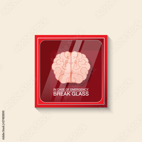 VECTOR EPS10 - red emergency box and brain inside with text
in case of emergency break glass on front,
When you encounter problems use wisdom concept, isolated on cream background. photo