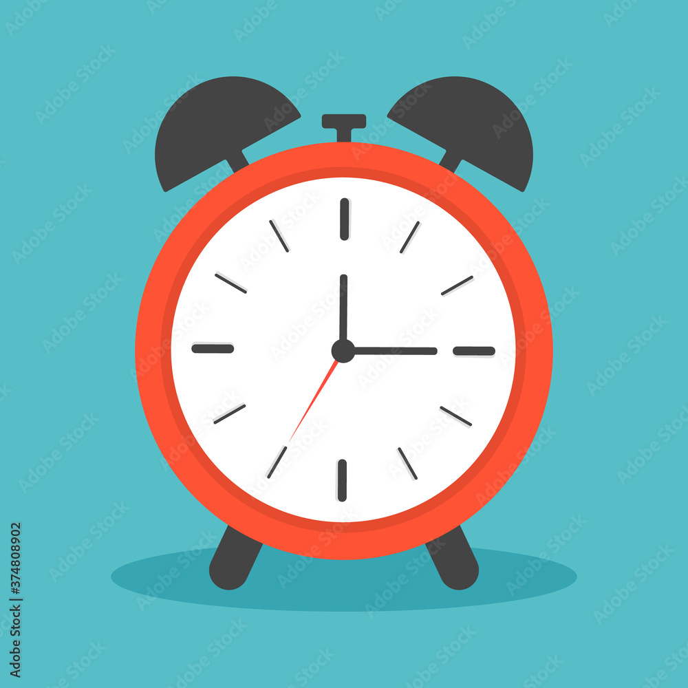 Clock alarm with ring. Icon of time and wake. Watch with shadow for bedroom. Morning deadline with alert. Red clock with face, timer and for bell for school or business in flat style. Vector Clock alarm with ring. Icon of time and wake. Watch with shadow for bedroom. Morning deadline with alert. Red clock with face, timer and for bell for school or business in flat style. Vector