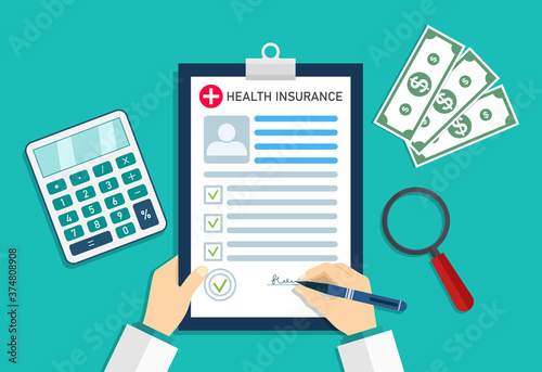 Health insurance. Medical insurer with form of healthcare. Doctor in hospital with money and calculator. Cost and bill on insurance for patient. Medicine checklist in document. Icon of clinic. Vector