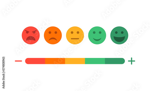 Feedback and level of satisfaction of customer. Survey with emoji on scale. Face icons with different mood. Sad and happy experience. Negative or positive emoticons of evaluation from users. Vector