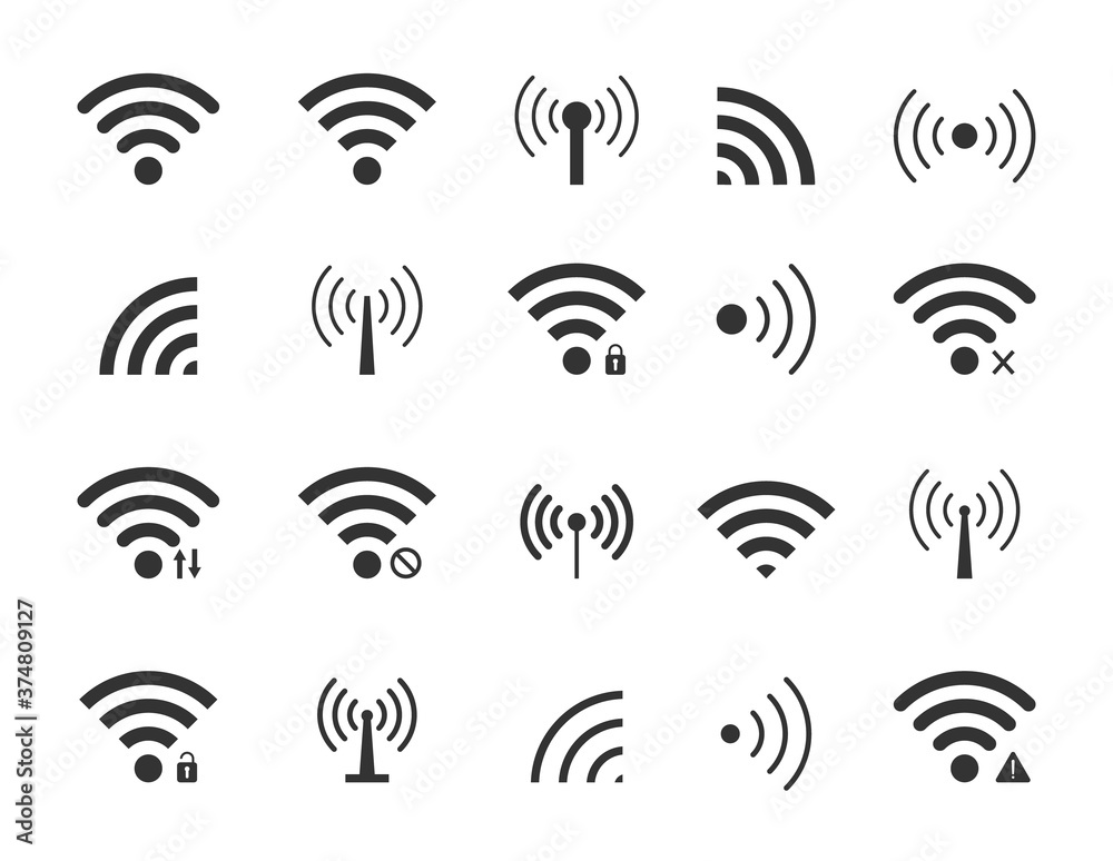 Icon wifi. Wireless signal from radio. Remote beacon for transmission of  data. Symbol of connect to network with antenna. Sign of podcast and  communication. Router and public safety internet. Vector vector de