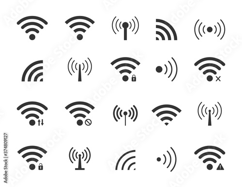 Icon wifi. Wireless signal from radio. Remote beacon for transmission of data. Symbol of connect to network with antenna. Sign of podcast and communication. Router and public safety internet. Vector