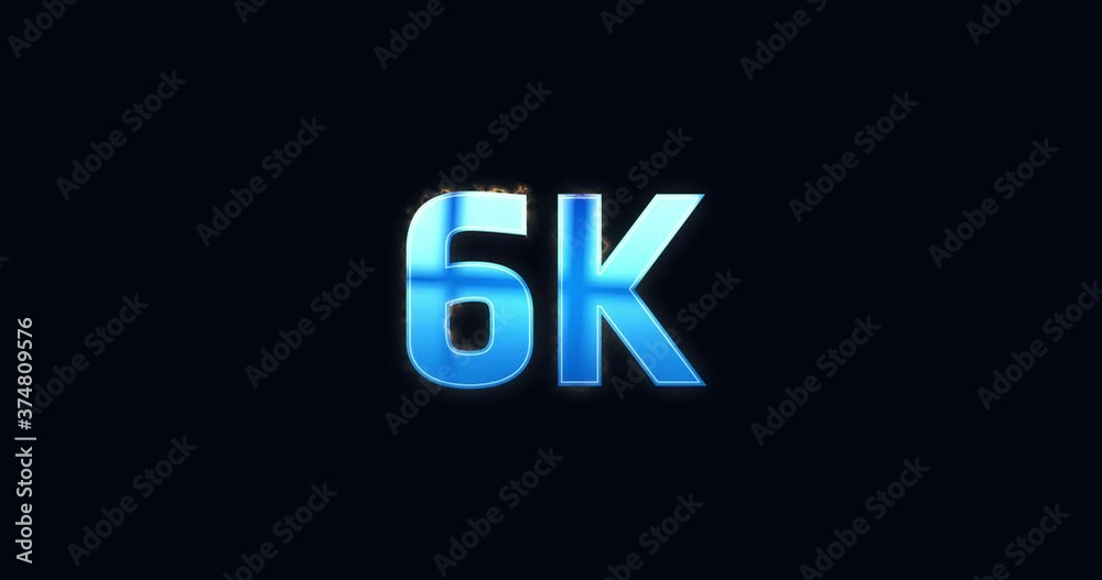 6K, 6000. Blue electric lightning word. Burning text animation on black background. High quality 4k intro 6K, 6000. Blue electric lightning word. Burning text animation on black background. High quality 4k intro