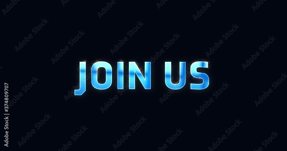 Join us. Blue electric lightning word. Burning text animation on black background. High quality 4k intro