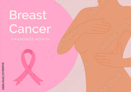 Pink banner with woman silhouette. Self Check For Breast Cancer. Awareness month with pink cartoon ribbon. Mammary cancer campaign vector illustration with typography.