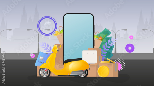 Online shopping banner. Yellow scooter with food shelf, telephone, gold coins, cardboard boxes, paper grocery bag. Online food ordering and delivery and delivery concept.