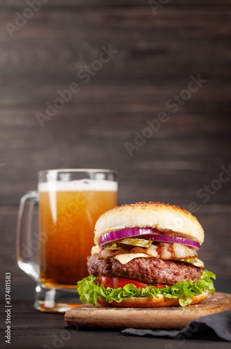 Homemade tasty beef burger and beer
