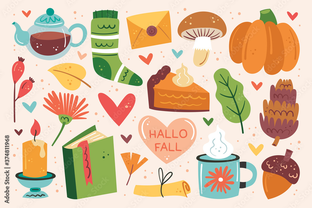 Hello fall. Autumn clip art, set of elements. Pumpkin pie, cup, tea, mushroom, sock, candle, book, flower, leaf, heart, letter. Hello fall. Autumn clip art, set of elements. Pumpkin pie, cup, tea, mushroom, sock, candle, book, flower, leaf, heart, letter.