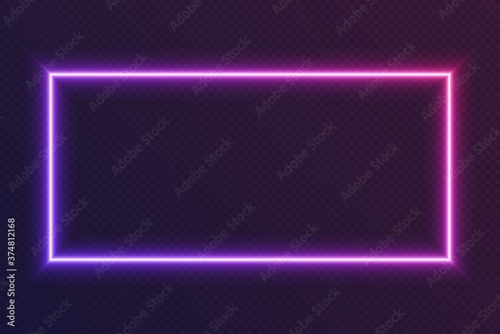 Neon gradient rectangular frame, blue-pink glowing border isolated on a dark background. Colorful night banner, bright illuminated shape, cyberpunk style vector light effect. - obrazy, fototapety, plakaty 