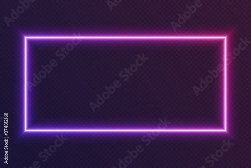 Neon gradient rectangular frame, blue-pink glowing border isolated on a dark background. Colorful night banner, bright illuminated shape, cyberpunk style vector light effect.