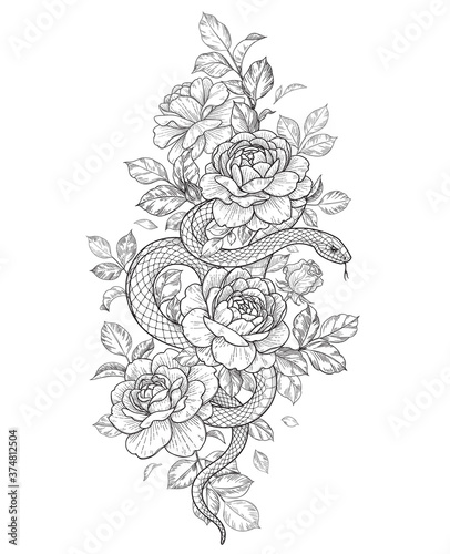 Vector Twisted Snake and Rose Flowers