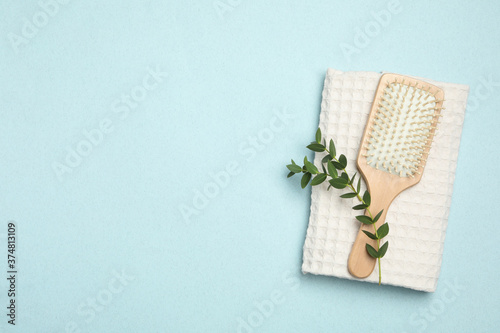 Modern paddle hair brush and plant on light background, flat lay. Space for text