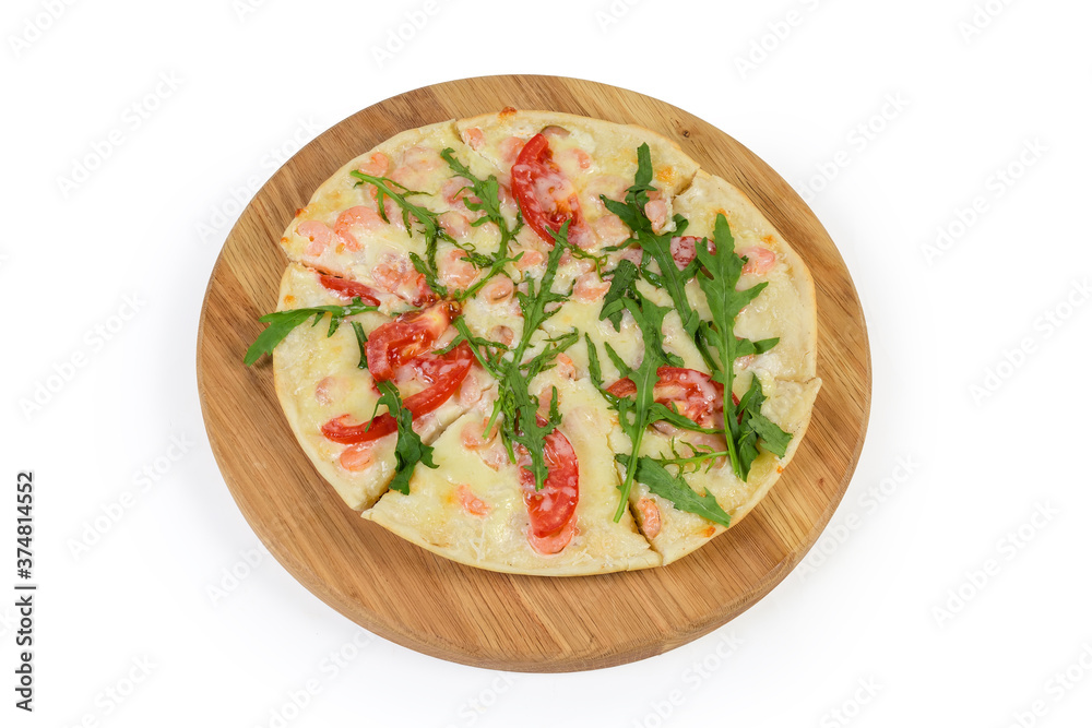 Cooked pizza with shrimps on the round wooden pizza board Cooked pizza with shrimps on the round wooden pizza board