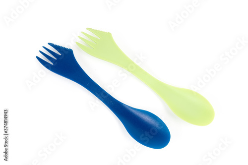 Plastic disposable fork and spoon in one object  two pieces