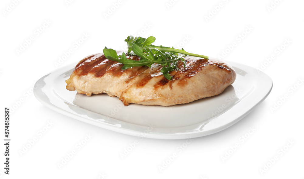 Tasty grilled chicken fillet with arugula isolated on white