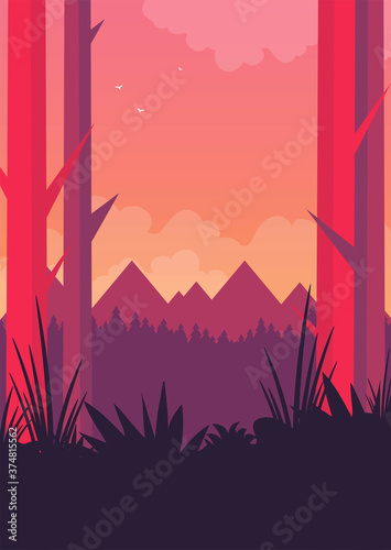 Flat vector banner with landscape. Background illustration